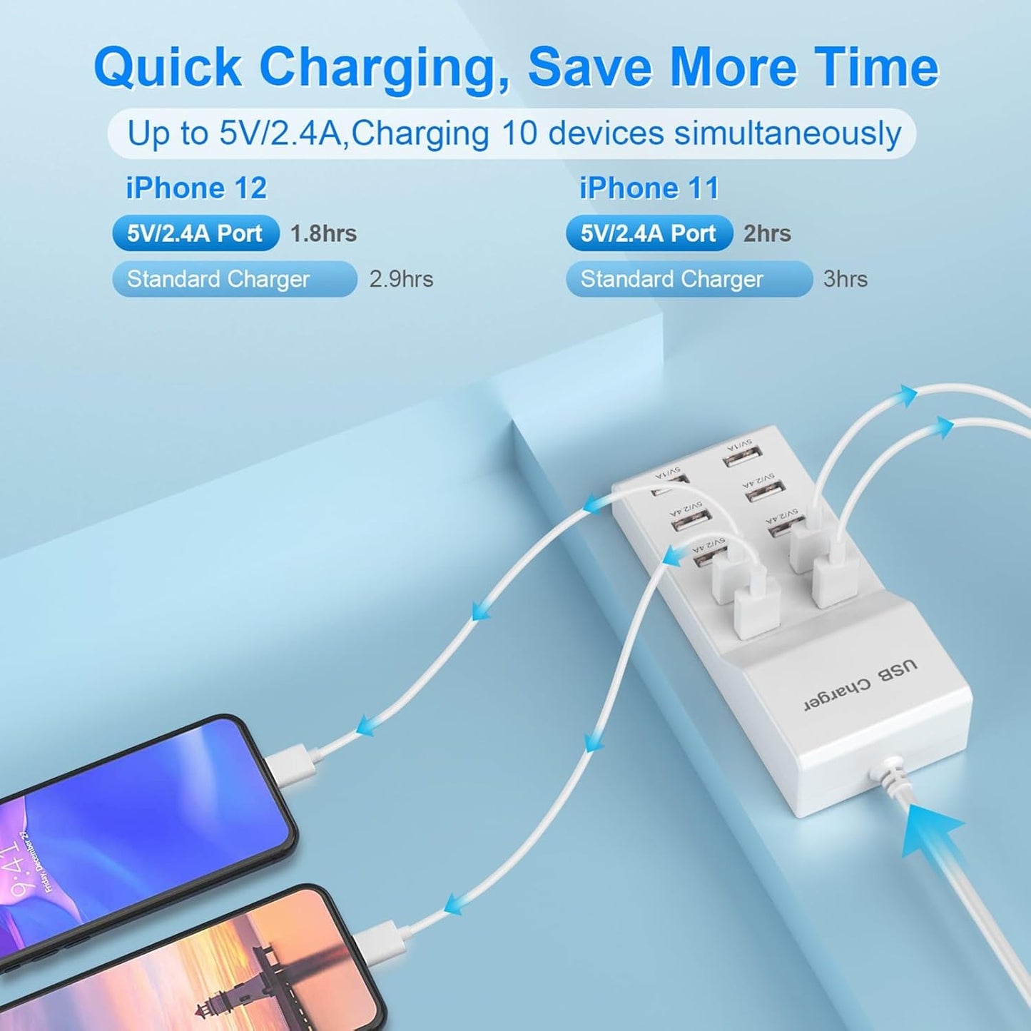 QIONMAR USB Wall Charger, 10-Ports Power Hub Strip, Smart Plug Charging Dock Compatible with iPhone 15, Galaxy S