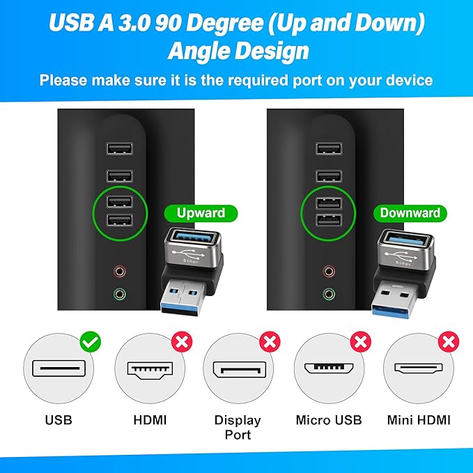 90 Degree USB 3.0 Adapter 4 Pack, (Up and Down) Right Angle USB Type-A Male to Female USB L Shape On The Go (OTG) Connector Extender Support Charge & Data Sync (5Gbps) for PC, Laptop, Mouse, Keyboard