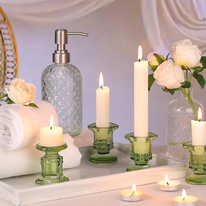 Green Candlestick Holders Bulk, 12 Pcs Glass Candle Holders Set,Crystal Taper Candle Holder for Wedding, Table Centerpiece, Home Decoration