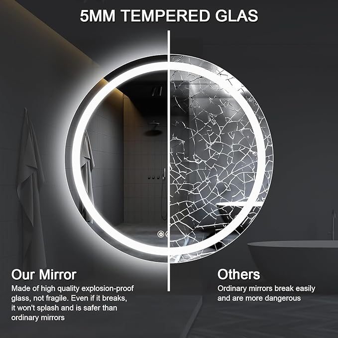 Wall-Mounted LED Round Bathroom Mirror, Makeup Mirror (24 inches x 24 inches,) 3 Color Stepless Dimmable Memory Bathroom Vanity Mirror with Lights CRI90+ 3000-6400K Smart Mirror with Touch