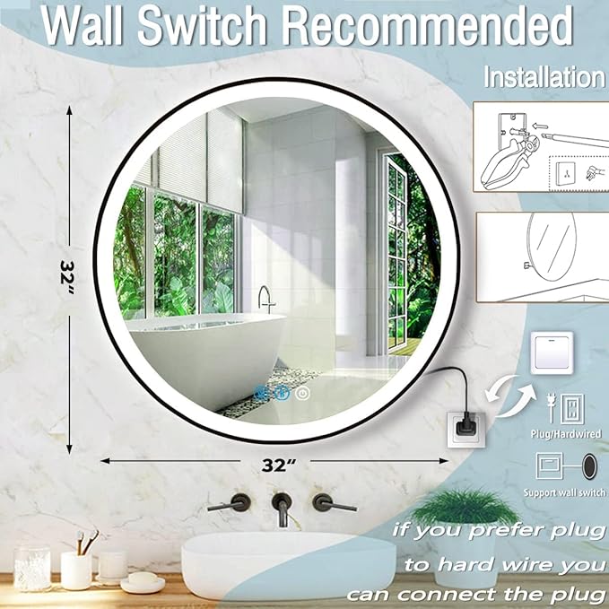 32 Inch Black Frame Round LED Bathroom Mirror Anti-Fog Smart Memory 3 Color Adjustable Brightness Frontlit 32" Black Framed Circle Round Lighted Vanity Mirror for Bathroom Wall Mounted