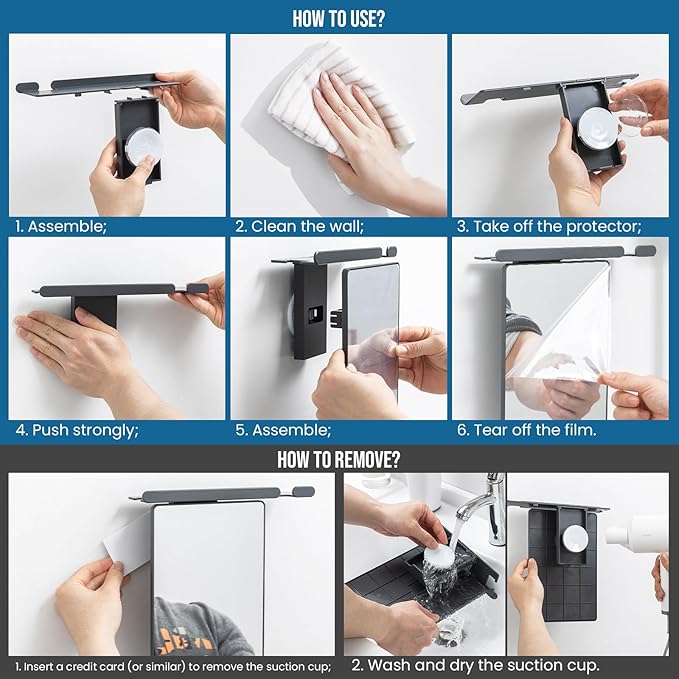 TAILI Shower Mirror Fogless for Shaving with Razor Holder, Anti-Fog with Powerful Suction for Bathroom,Makeup Shave Mirror Wall Mounted for Men & Women, Shatterproof & Removable,Grey