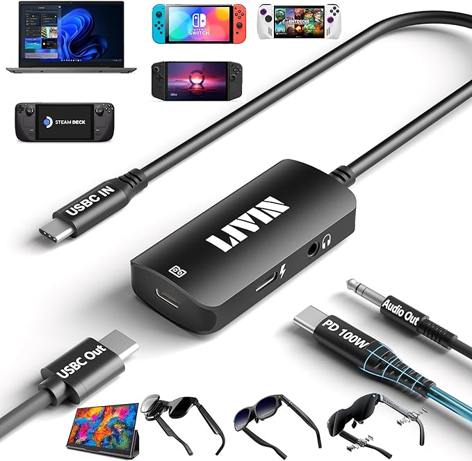 LIVIN USB C to Portable Monitor、AR Glasses XREAL One、Air 2 Pro/VITURE Pro/RayNeo Air 2s、3s/Rokid,【4K@60Hz+PD 100W+Audio 3.5mm】,USB C to Type C Adapter iPhone15/16、Android、PC、Switch、Steam Deck、Rog Ally