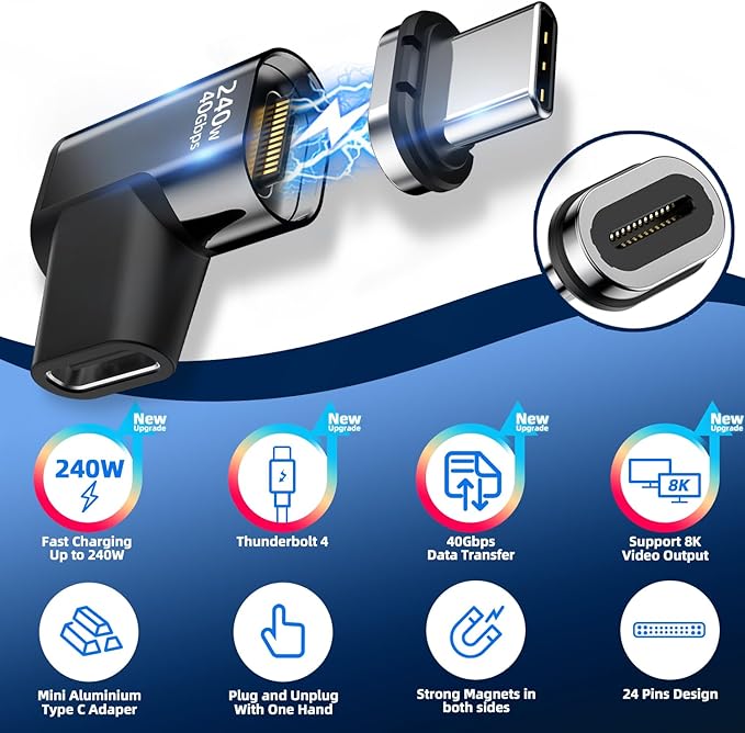 240W USB C Magnetic Adapter, (2 Pack) Magnetic USB C Adapter Right Angle 24Pin with USBC 4 40Gbps 8K 60Hz for iPhone 16/15 Series, Thunderbolt 3/4, MacBook Pro/Air and More Type C Devices