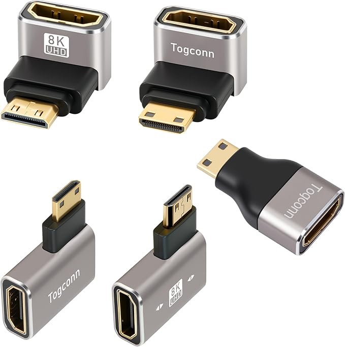 HDMI to Mini HDMI Adapter 5 Pack, Multi-Angle (UP/Down/Left/Right/Straight) HDMI (Female) to Mini HDMI (Male) Connector Converter Extender Support 8K@60Hz, 4K@120Hz for Camera, Monitor, Raspberry Pi