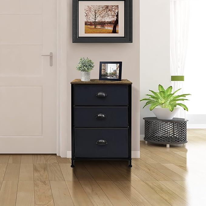 Sorbus Nightstand with 3 Drawers - Bedside Furniture & Night Stand End Table Dresser with Steel Frame, Wood Top, Easy Pull Fabric Bins for Home, Bedroom Accessories, Office & Dorm