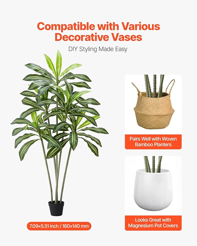 VEVOR Artificial Dracaena Tree 6 ft, Fake Palm Tropical Plants with White Tall Planter, Faux Floor Silk Plant in Pot, Large Trees for Home Office Living Room Decor House Warming, Indoor Outdoor