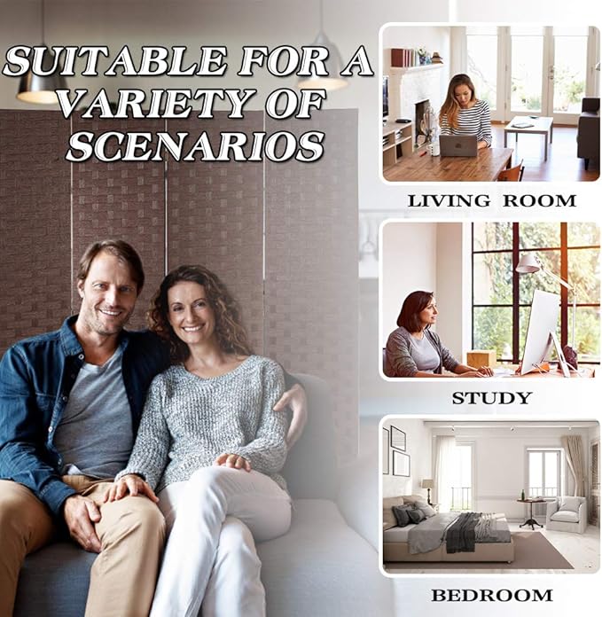 FDW Room Divider 4 Panel mesh Woven Design Room Divider Wooden Folding Portable partition Screen Wood for Home, Brown
