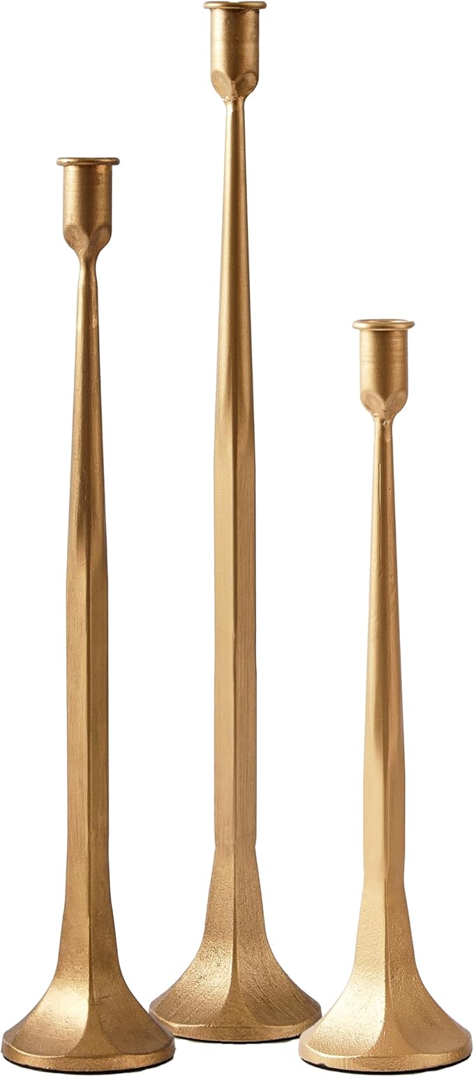 Denique Iron Taper Candle Holder Set of 3, Black Candlestick Holders 19.3”17” 14” Heightening Decorative Candle Stand Set for Wedding, Dining Table, Home Decoration (Gold)