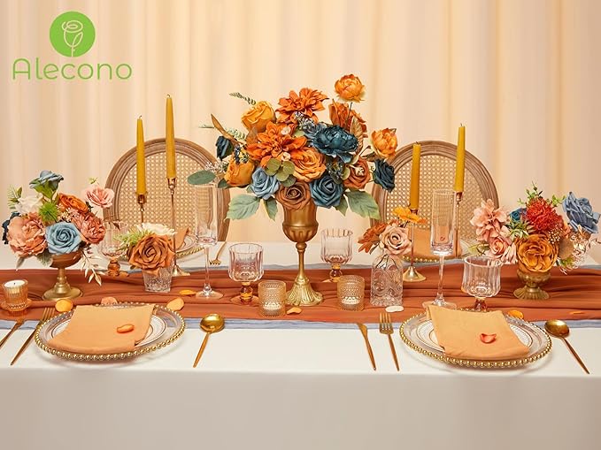 Alecono Artificial Flowers, Orange Fake Flowers for Fall Wedding Bouquets, Wedding Cake Flowers for Table Centerpieces Birthday Party Home Autumn Decor