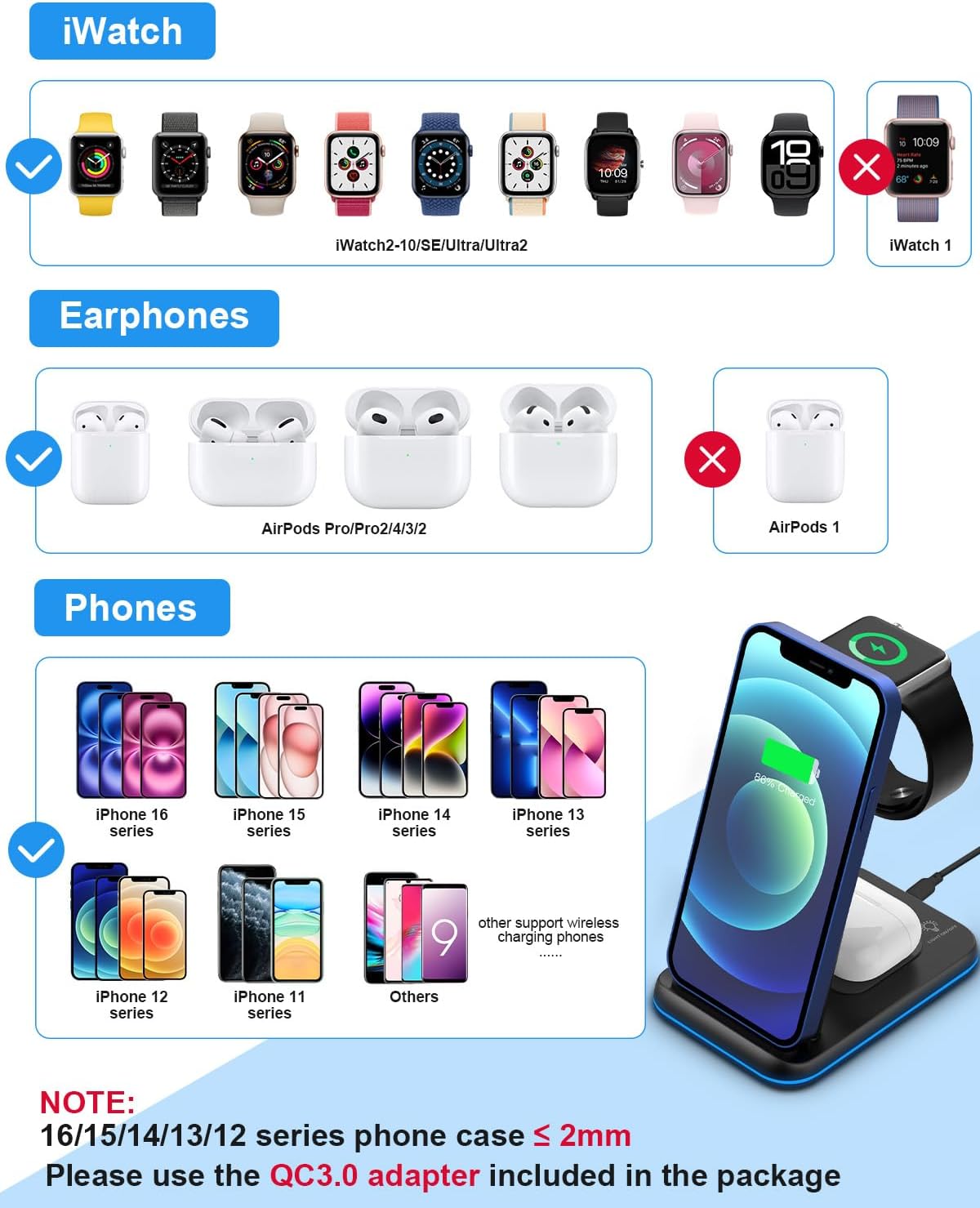 Foldable Wireless Charger 3 in 1 Charging Station for Multiple Devices, Compatible with iPhone 16 15 14 13 12 11