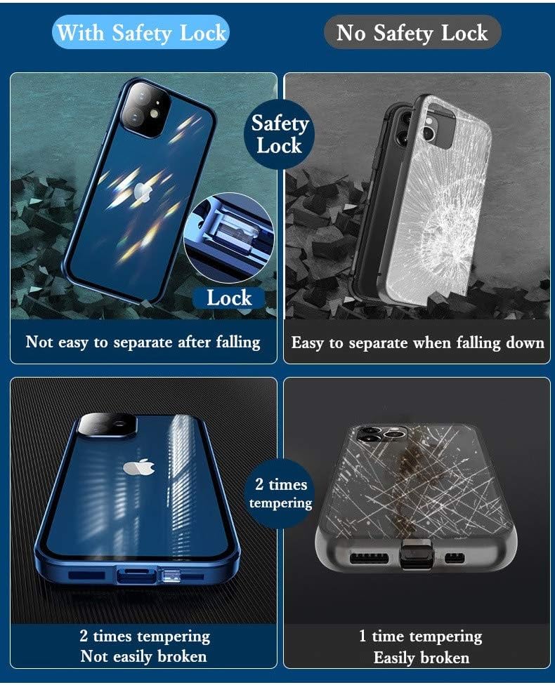 HENGHUI Blue Lockable iPhone 15 Pro Max Magnetic Case, Glass Case with Camera Lens Protector and Safety Lock