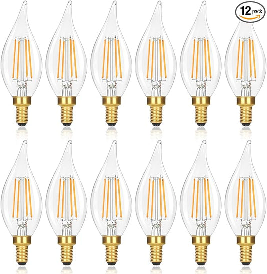 GoBright E12 LED Candelabra Bulbs 60 watt Equivalent, 2700K Soft Warm White Dimmable Chandelier Light Bulbs, 6W 630LM Flame Tip Candle Light Bulbs for Ceiling Fan, Home Decor, 12-Pack