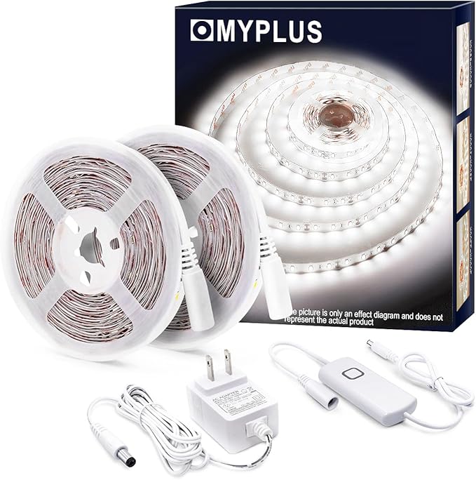MYPLUS 32.8 FT White Strip Lights, Dimmable LED Tape Light 6500K Bright Daylight White, Flexible Under Cabinet Lights with 600 LEDs and UL Listed Safety Power Supply for Room,Kitchen and décor