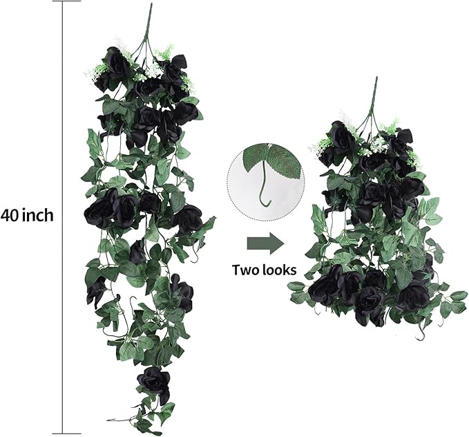 RECUTMS Artificial Hanging Rose Flower 4Pieces 3.3Ft Flowers for Outdoors with 30 LED Fairy String Lights Fake Indoor Wall Wedding (Black)