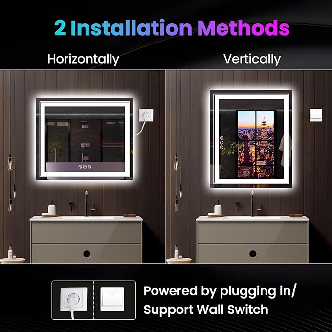 LED Mirror for Bathroom, 55"X36" with 8 RGB Backlit +3 Front Lit (Adjustable Individually), Anti-Fog, Large Lighted Bathroom Vanity Mirror for Wall,Shatterproof,Memory Function,Tempered Glass