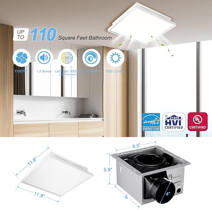 Tech Drive Bathroom Exhaust Fan with Light, 110 CFM, Super Quiet Bathroom Fan with Light and night light,1000lm Dimmable 5CCT LED Light Selectable,Energy Star Ventilation Fan,White