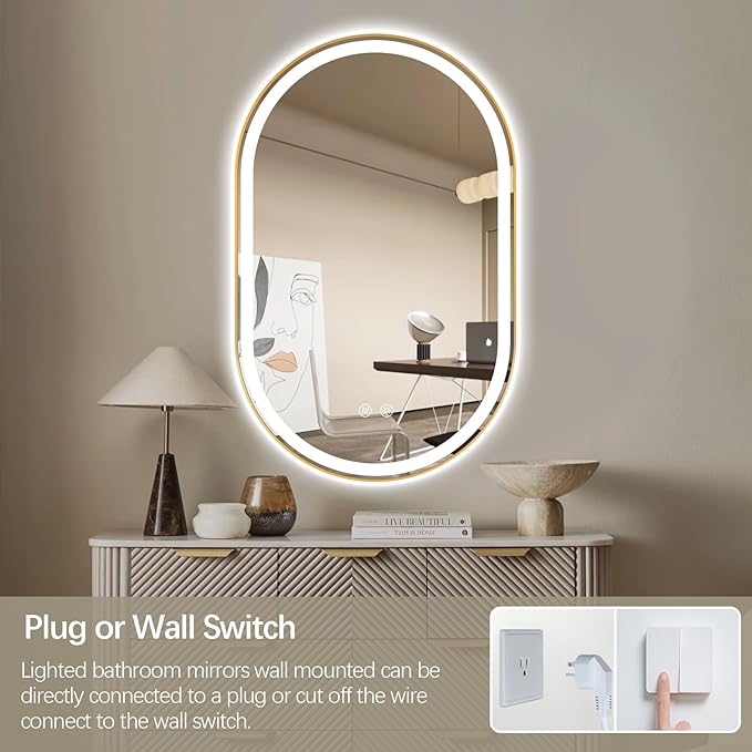 Niccy Oval LED Mirror for Bathroom, 48x30 Front Lit + Backlit Vanity Mirrors with Light Anti-Fog, Shatter-Proof, 3 Colors, Makeup Mirror with Gold Frame (Horizontal/Vertical)
