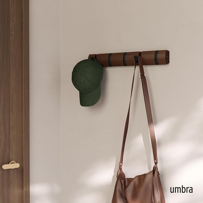 Umbra Flip Wall-Mounted Coat Rack Rail Hook for Hats, Jackets, Bags and More – Modern, Space-Saving Storage Organizer for Entryway, Mudroom, Closet, Bathroom, Bedroom, Kids Room, or Nursery, 5 Hooks,