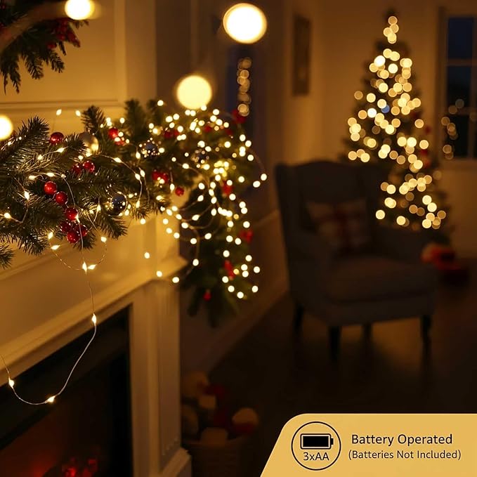 QBIS Warm White Fairy Lights Battery Operated with Timer Mode, 40 Micro LEDs for Mason Jars, 6.5ft, Silver Wire Lights Indoor Use (Warm White) - 2 Pack