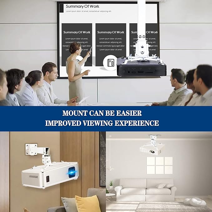 Projector Ceiling Wall Mount Adjustable Height from 11 to 13.7 Inches Bracket with Extendable Arms Low Profile Holder Hanger for Home Office Compatible with Epson Optoma Benq (White)