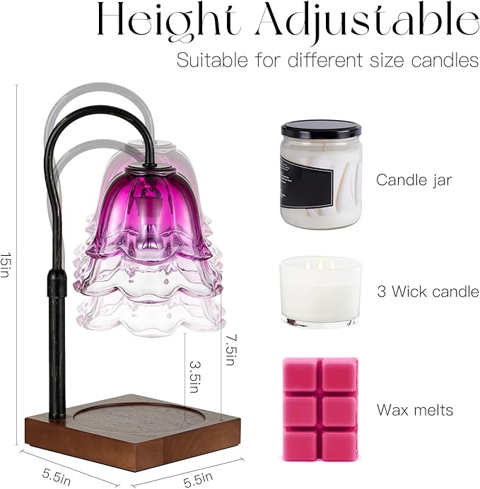 Candle Warmer Lamp with Timer: Purple Flower Candle Warming Lamp with 2 Bulbs Vintage Height Adjustable Wax Warmer Dimmable Gothic Halloween Decor Gift for Women