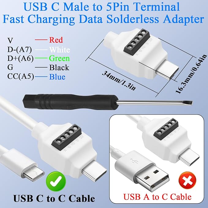 QIANRENON PD60W USB C 5Pin Crimp Solderless Adapter USB Type C Male to 5Pin Terminal Fast Charging Data Connector 480Mbps USB C No Solder Plug, 20V 3A, for DIY Repair Type C-C Charge Cable