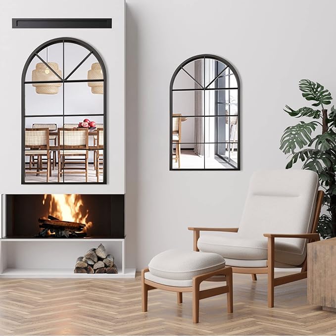 ironsmithn Arched Mirror, Windowpane Mirror, 31.5"x19.7" Window Finished Metal Mirrors, Black Grid Mirrors for Decor Living Room Fireplace Entryway Bedroom Hallway