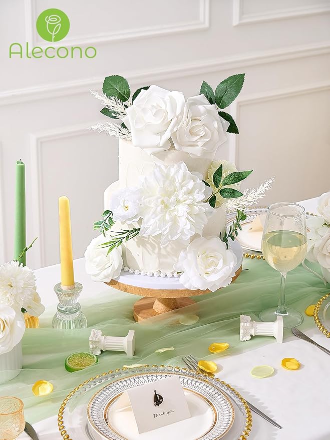 Alecono Artificial Flowers, White Silk Fake Flowers for DIY Wedding Bridal Bouquets, Cake Flowers for Table Centerpieces Baby Shower Party Home Decorations