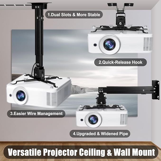 2-Be-Best Projector Ceiling Mount Wide Pipe Universal 3-in-1 Projector Wall Mount Bracket with Adjustable Arm, Flush Mount Option, Built-in Cable Management for Office Home Black