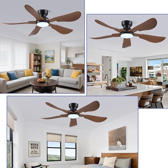 52 Inch Modern Ceiling Fans with Lights, Flush Mount Ceiling Fan with Light and Remote/APP Control, 5 Reversible 6 Speeds Curved Blades, 3 CCT Dimmable Lights for Kids Room, Brown