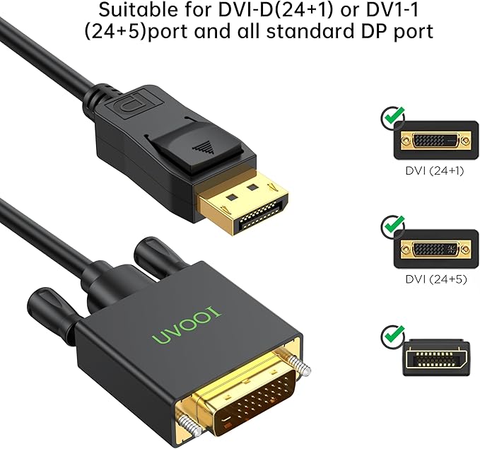 DisplayPort to DVI Cable 6FT 10-Pack, DP to DVI Cables Cord Compatible with Computer, PC, Monitor, TV, Projector