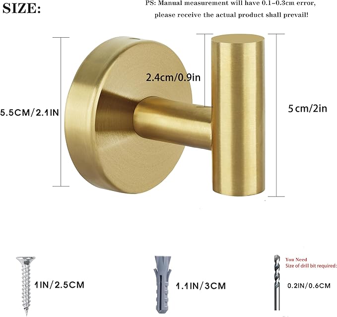 Towel Hooks Bathroom Coat Robe Hook Stainless Steel Heavy Duty Door Hanger Towel Robe Clothes Cabinet Wall for Bathroom Bedroom Kitchen Hotel Pool 4 Packs (Gold)