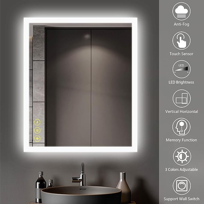 Wall-Mounted LED Square Bathroom Mirror, Makeup Mirror (36 inches x 30 inches,) 3 Color Stepless Dimmable Memory Bathroom Vanity Mirror with Lights CRI90+ 3000~6400K Smart Mirror with Touch