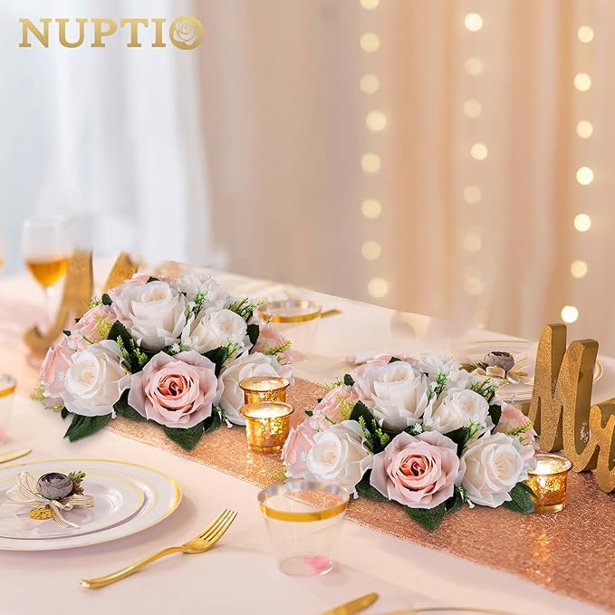 NUPTIO Flower Balls for Wedding Centrepieces - 10 Pcs 9.5in Diameter Artificial Flower Ball Arrangement Bouquet Peachy Pink & Creamy White Fake Rose Flowers Party Centerpieces for Weddings Tables