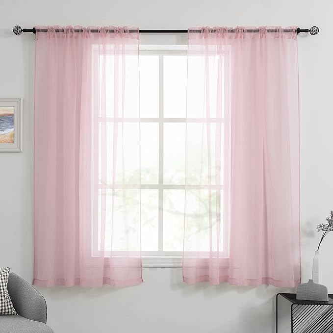 HUTO Light Pale Baby Pink Sheer Curtains 63 Inch Length for Girls Bedroom Rod Pocket Window Transparent Voile Drapes Curtains for Kids Room Living Room 2 Panels 52x63 Inches Long