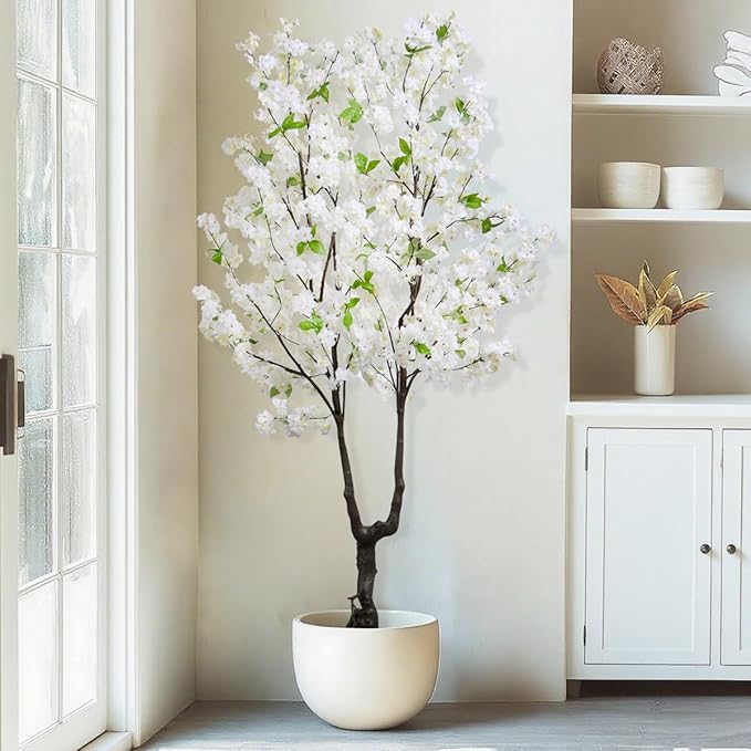 Faux Cherry Blossom Tree Artificial White Flowering Trees Fake Cherry Blossom Decorative Tree 6FT Indoor Japanese Decor for Home