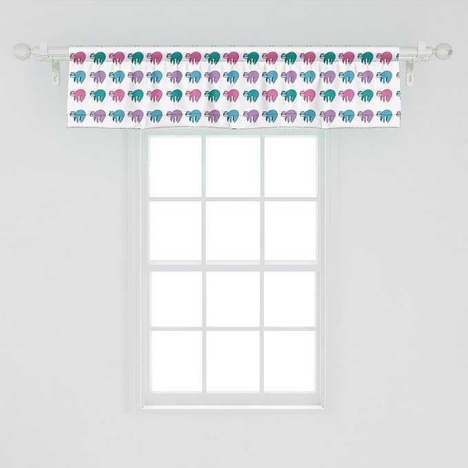 Ambesonne Funny Sloth Window Valance, Colorful Art Repeating Lazy Animal on Plain Backdrop, Curtain Valance for Kitchen Bedroom Decor with Rod Pocket, 42" x 12", Dark Seafoam Pink