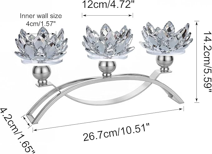 Crystal Candle Holders Lotus Candelabras Silver Arch Candlestick, Centerpiece Table, Home Hecor for Wedding, Dinning Room, Coffee Table, Kitchen, Living Room, Entryway (3 Arms, Tealight Candle)