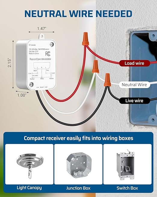 DEWENWILS Wireless Light Switch Kit - No Wiring, 15A High Power, No Wiring, 100FT RF Range, 3 Way Remote Control Wall Switches for Lamps, Ceiling Lights, Fans, 1 Transmitter+1 Receiver