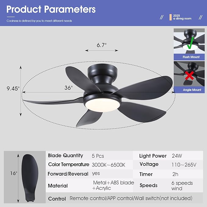 36 Inch Modern Ceiling Fans with Lights, Small Flush Mount Ceiling Fan with Light and Remote/APP Control, 5 Reversible 6 Speeds Curved Blades, 3 CCT Dimmable Lights for Bedroom, Black