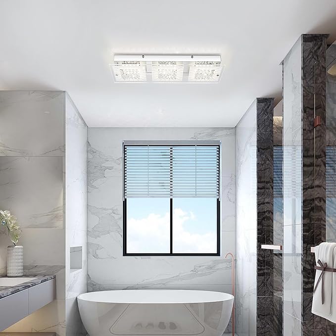 Crystal Flush Mount Ceiling Light Long Kitchen Lighting Fixtures Ceiling Rectangular Crystal Ceiling Light Fixture for Entryway, Foyer, Hallway, Bathroom, Brush Nickle 18 Inch, 18W Dimmable