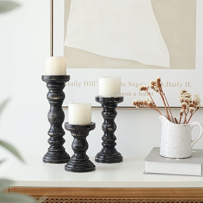 SWALLOWLIVING Rustic Farmhouse Wood Pillar Candle Holder Set of 3 for Candlestick, Black