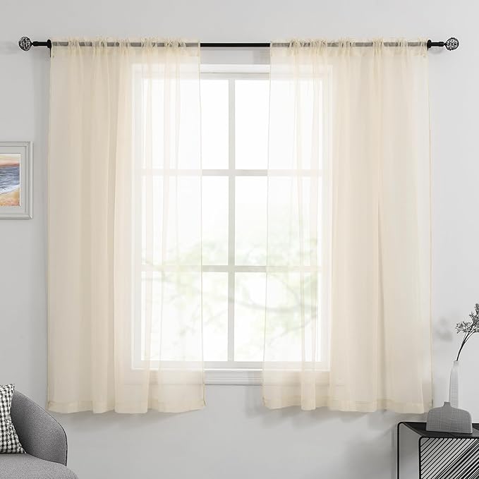 HUTO Beige Peach Sheer Curtains 54 inches Long for Bedroom Top Rod Pocket Sheer Window Panels Curtains for Nursery Living Room 52 by 54 Inch Length Set of 2