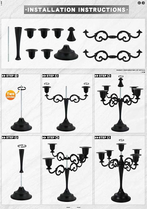 Black Candelabra Candle Holders for Pillar Candles 10.6 inch Tall, 5 Candle Candlestick Holder for 1/2-1 inch Taper Candles Halloween Candelabra Decoration Easy Assembly (Black)