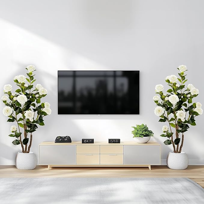 Artificial Camellia Tree 2 Pack, Artificial Plants Outdoor Faux Floral Plant in Cement Pot Fake White Silk Camellia Tree Plants for Home House Living Room Office Decor (White)