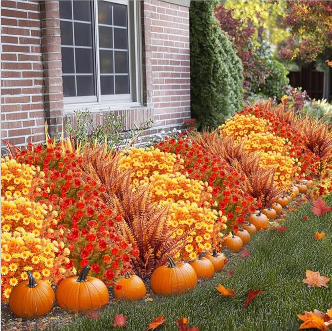 20 Bundles Artificial Fall Flowers for Outdoors Fall Thanksgiving Decorations - UV Resistant Fake Mums Faux Fall Plants Plastic Flowers for Gardens Porch Fireplace Patio Home Indoor Autumn Fall Decor