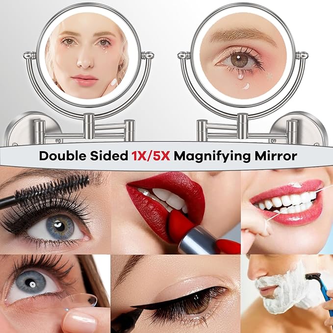 Premium 8" Brass Lighted Wall Mount Makeup Mirror with Magnification, 1X/5X Double-Sided Adjustable Bathroom Wall-Mounted Mirrors Swing Arm, Touch Dimming, Brushed Nickel Finish, Hard Wired