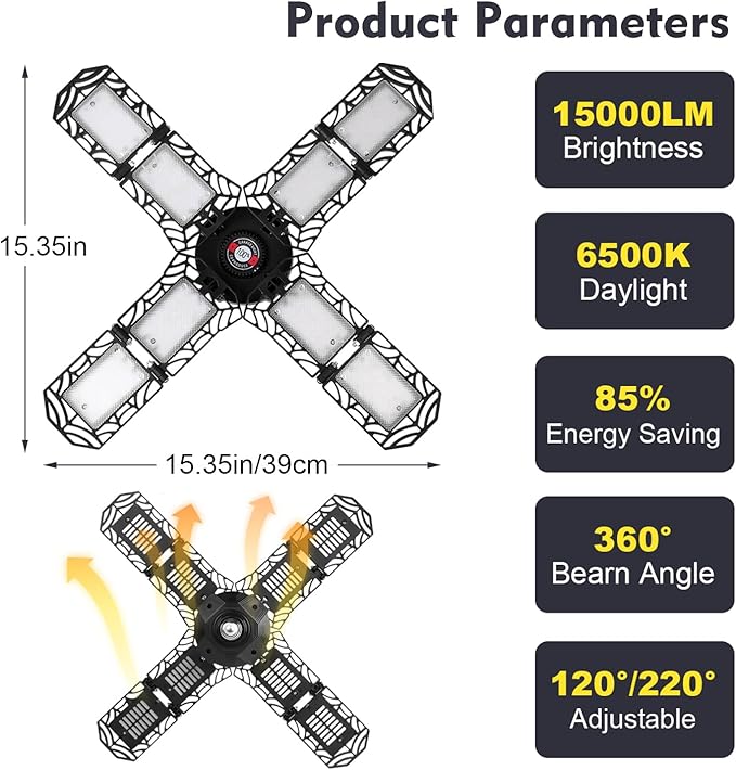 LED Garage Light,Super Bright Screw in E26/E27 Ceiling Shop Work Lamp, 200W 20000 Lumen Deformable Basement Bulb Fixture with 8 Adjustable Panels, Lighting for Workshop, Attic