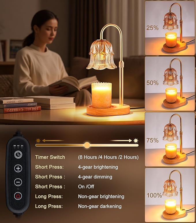 Candle Warmer Lamp Adjustable Timer - Electric Flower Glass Candles Warmers Adjustable Height Dimmable Vintage Base Modern Wax Candles Top Warmers for Small Jar Scented Wax Melts